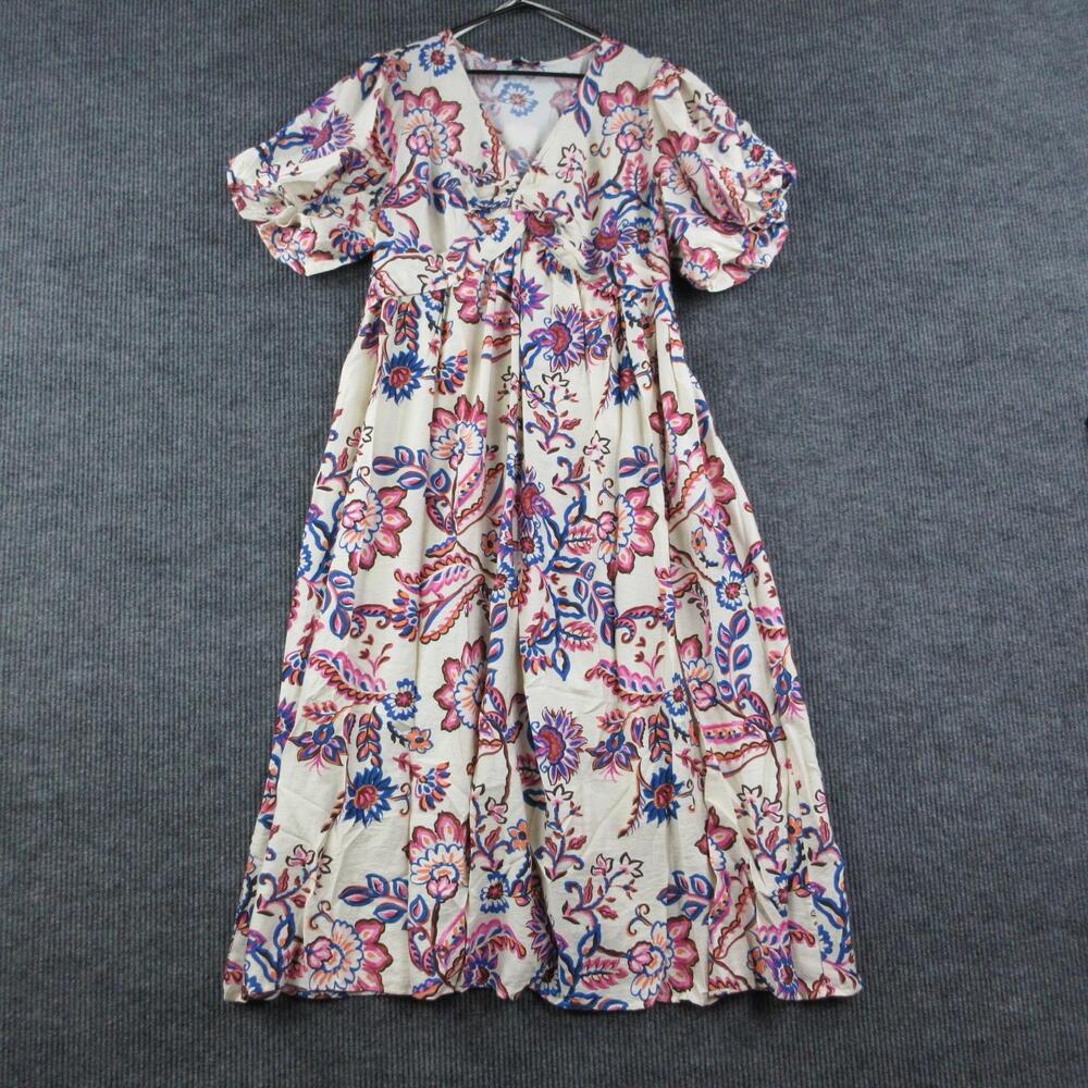 Proud Poppy Dress Womens 18 Off-White Maxi Floral Puff Sleeve Empire Waist NWT